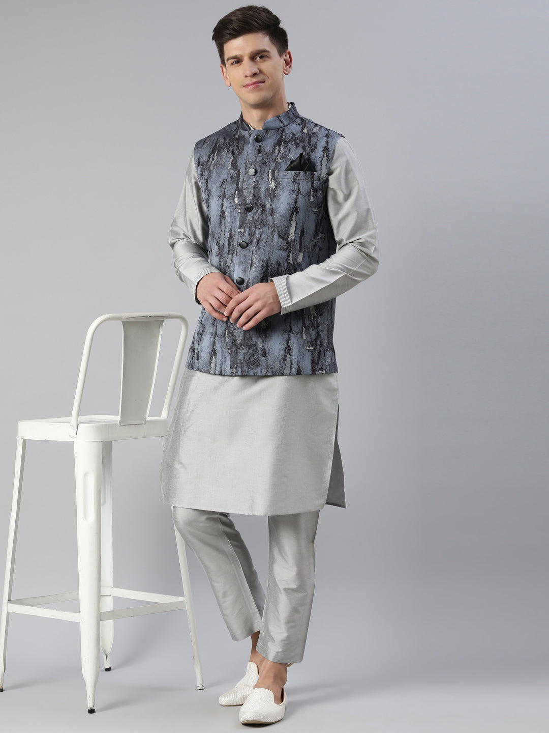 Grey Jacquard Jacket With Grey Kurta