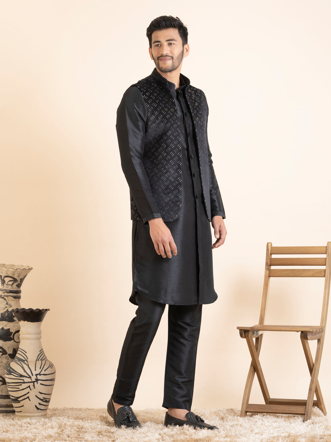 Black Lazer Cut Jacket with Front Open Kurta Set