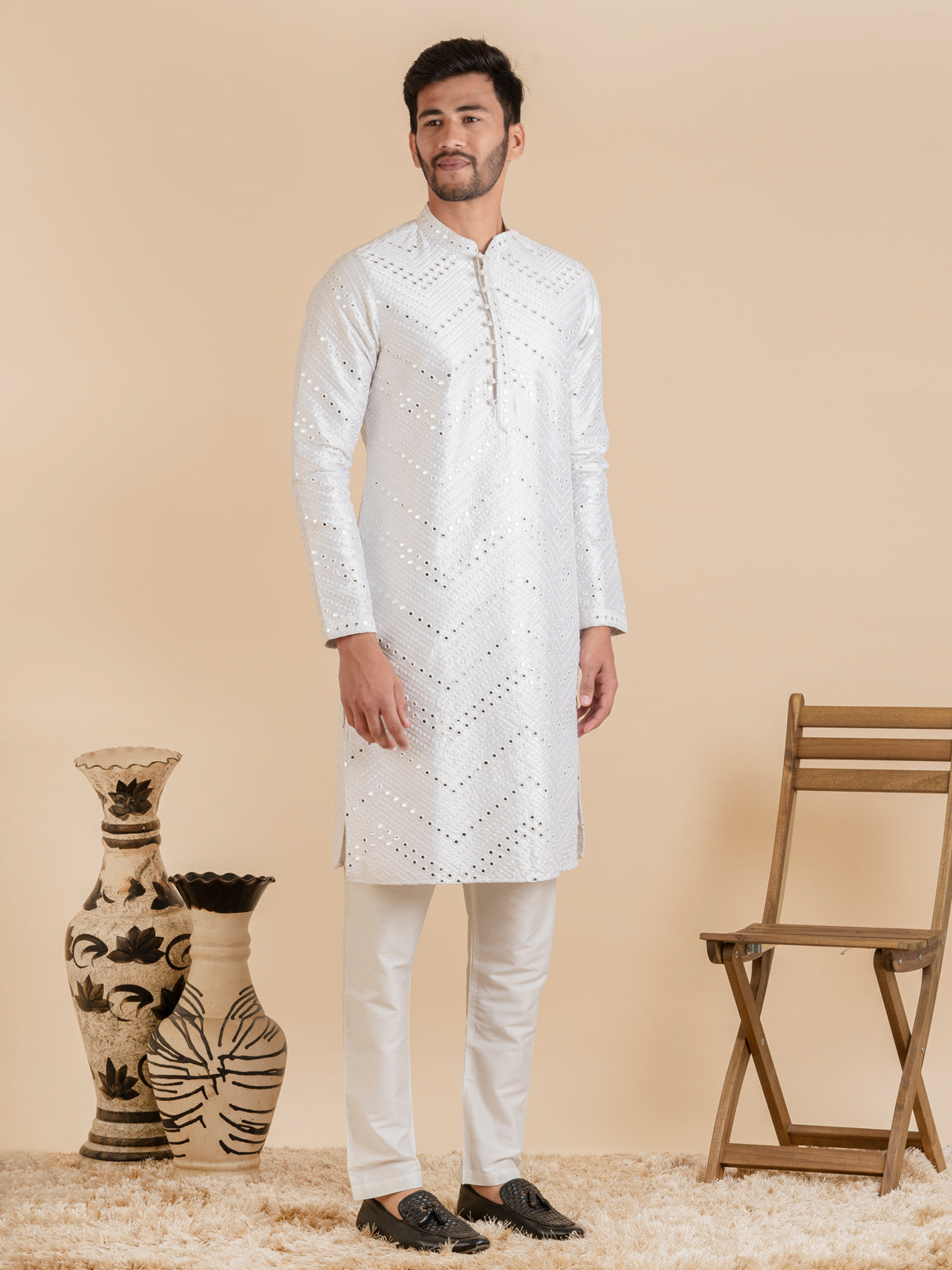 White Silk Mirror Embroidered Kurta Set