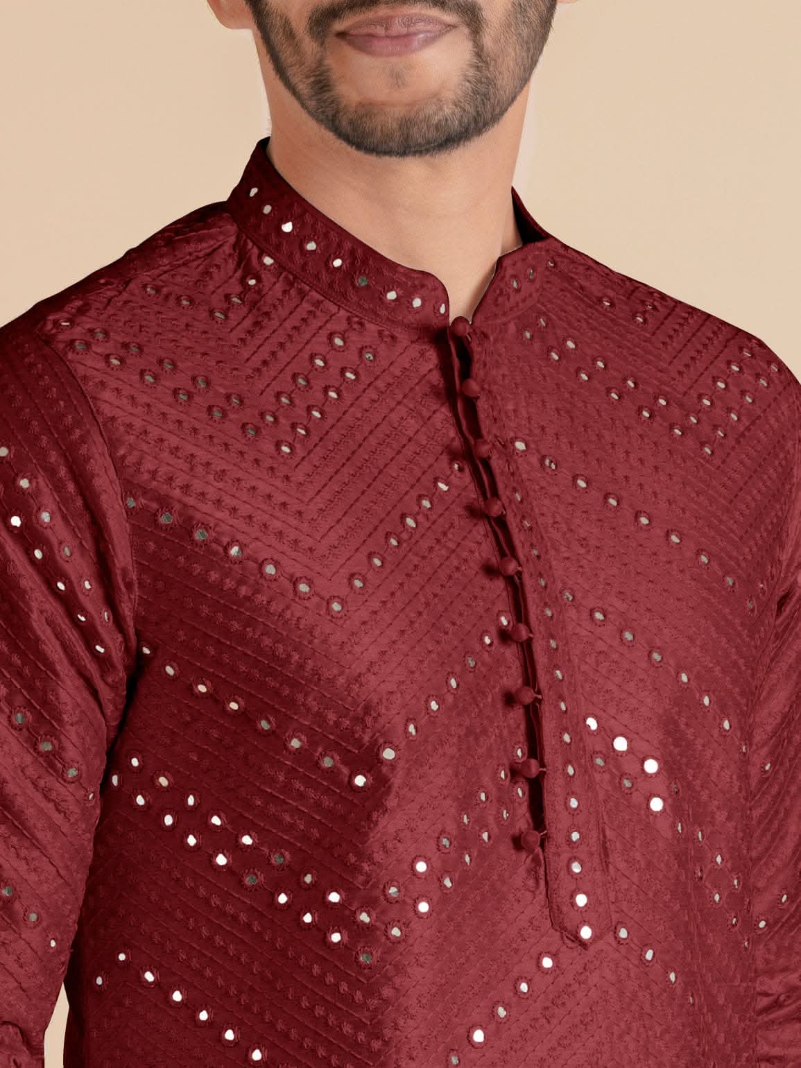 Maroon Silk Mirror Embroidered Kurta Set