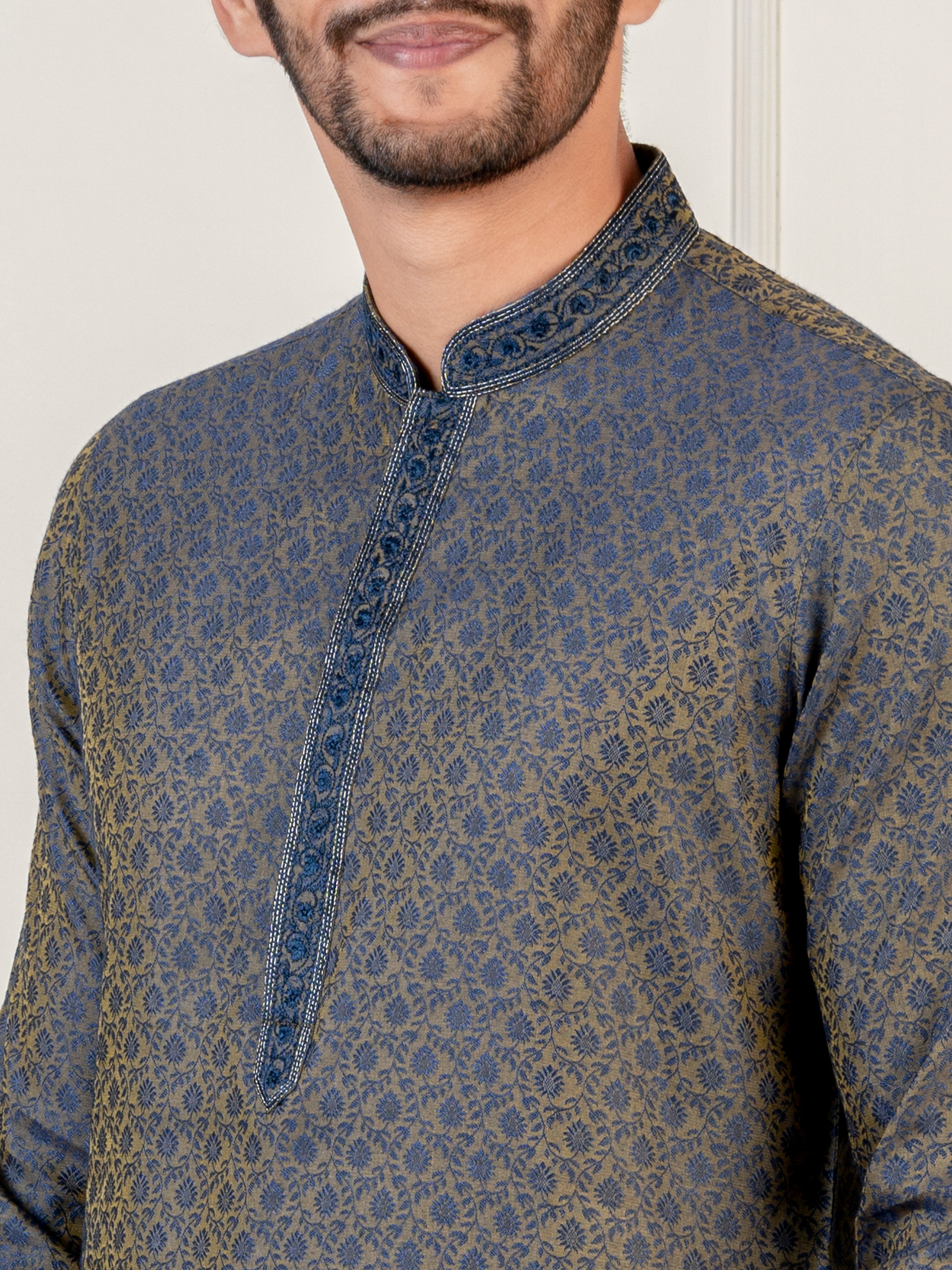 Navy Jacquard Embroidered Kurta Set