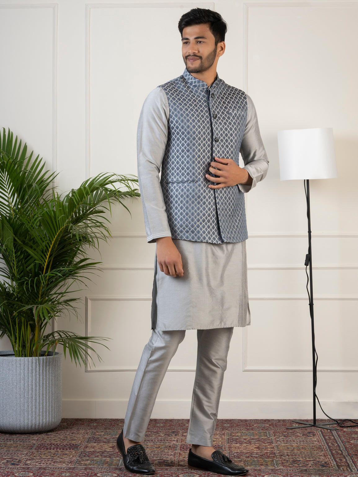 Bluish-Grey Jacquard Jacket With Grey Kurta