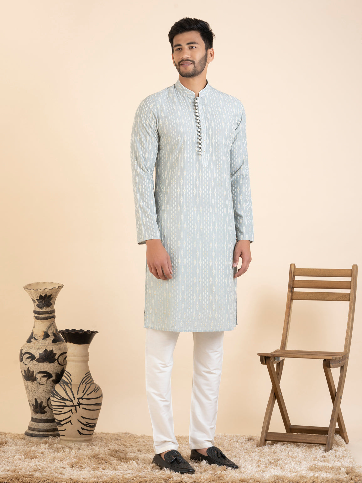 Greyish Blue Embroidered Kurta Set