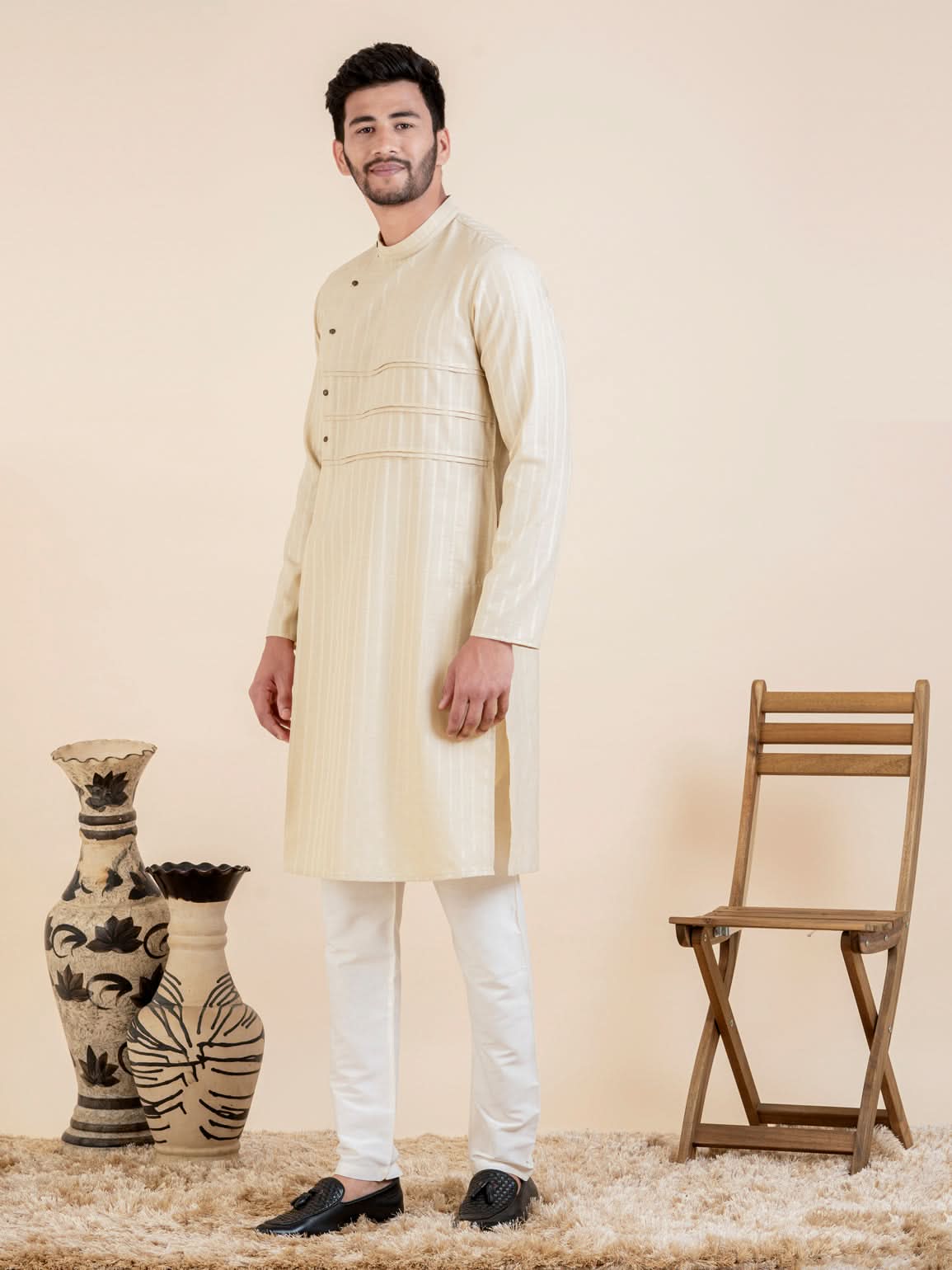 Beige Self Design Side Placket Cotton Kurta Set