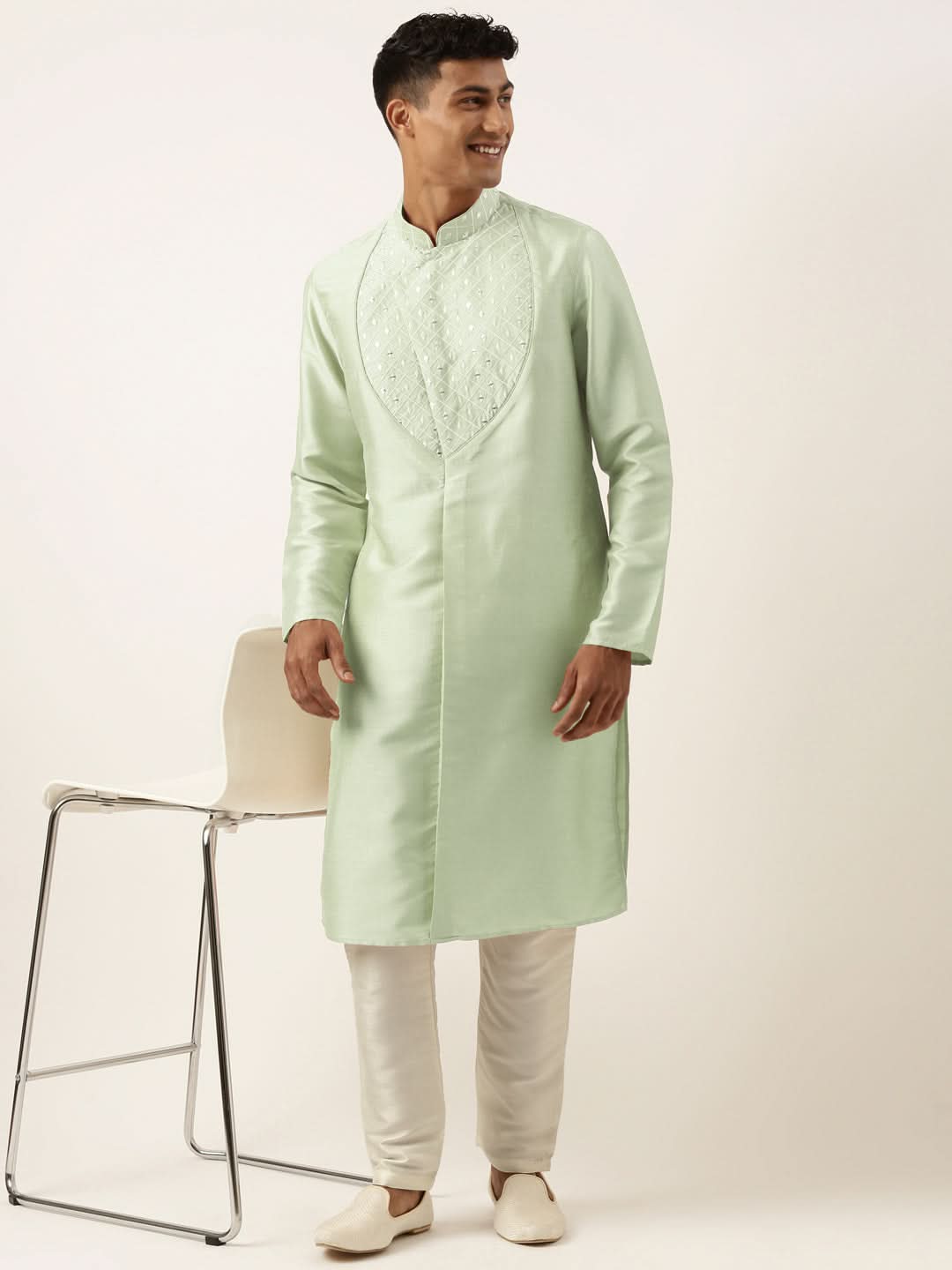Pistachio Green Embroidery Angrakha Kurta Set