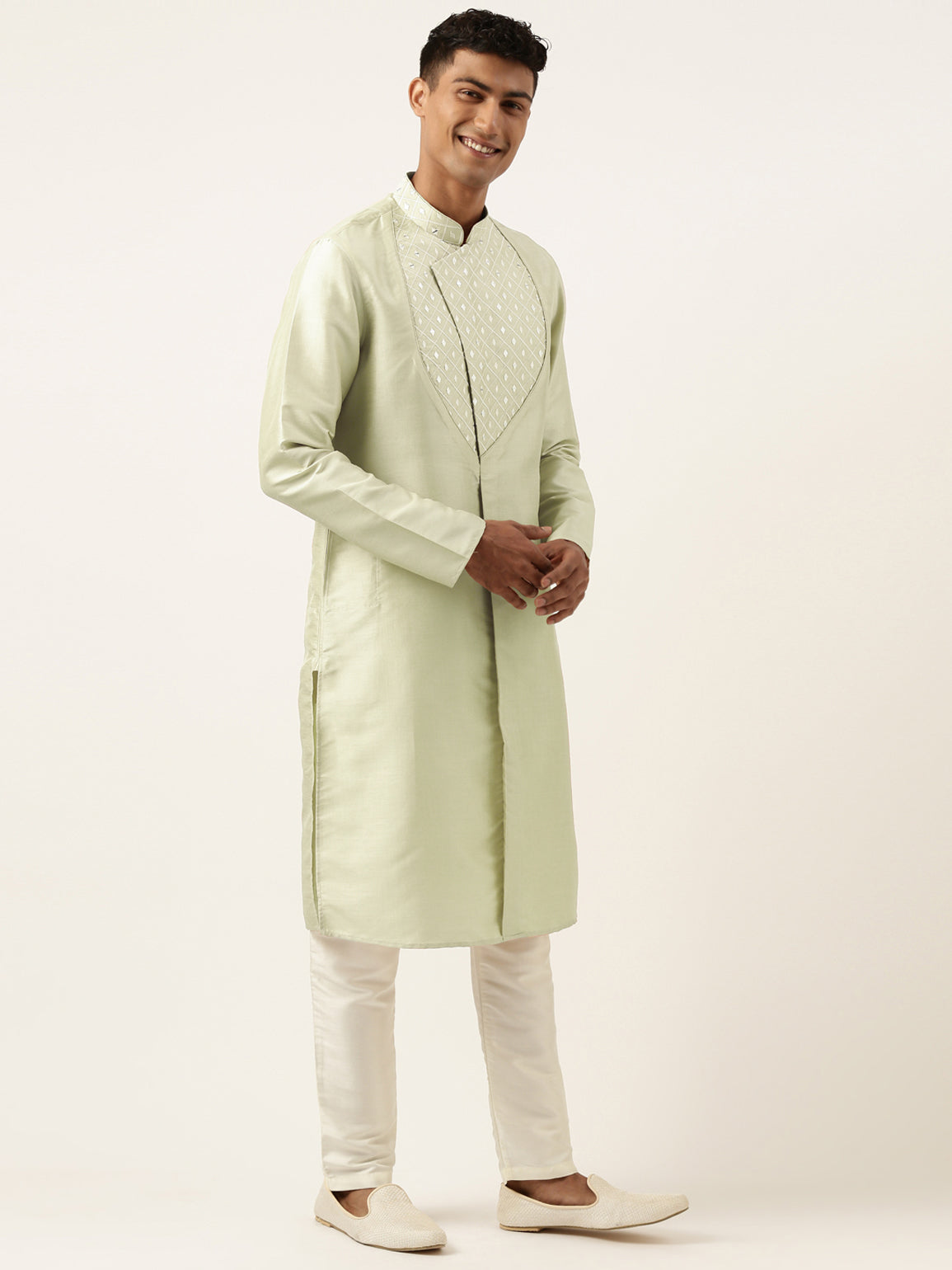 Light Green Embroidery Angrakha Kurta Set