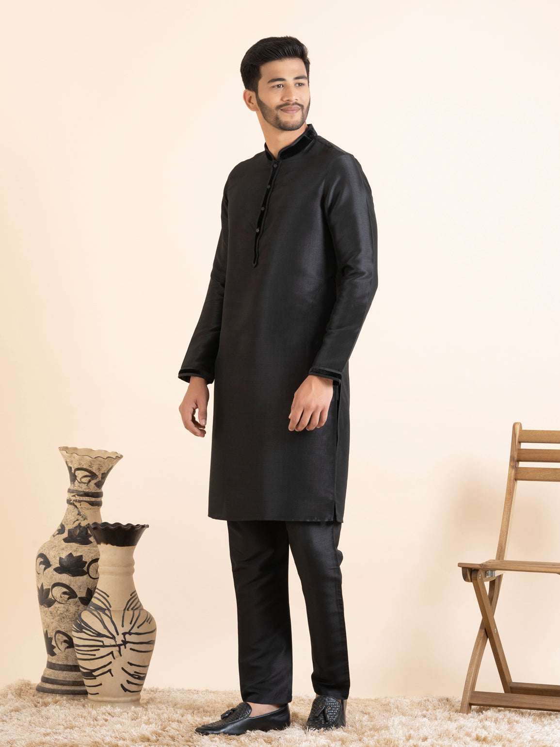 Beige Velvet Printed Cotton Jacket Kurta Set