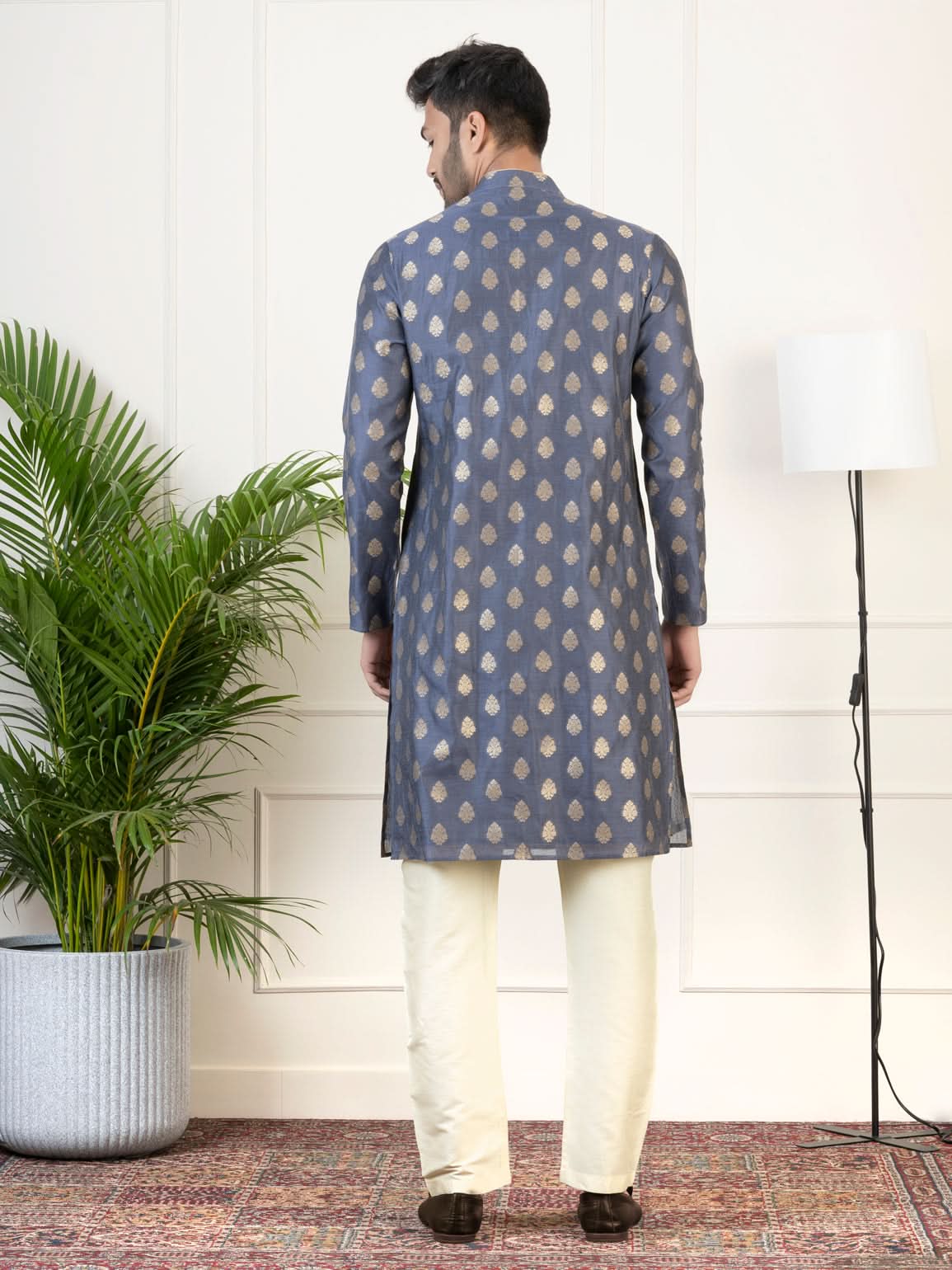 Navy Jacquard Golden Booti Chanderi Silk Kurta Set
