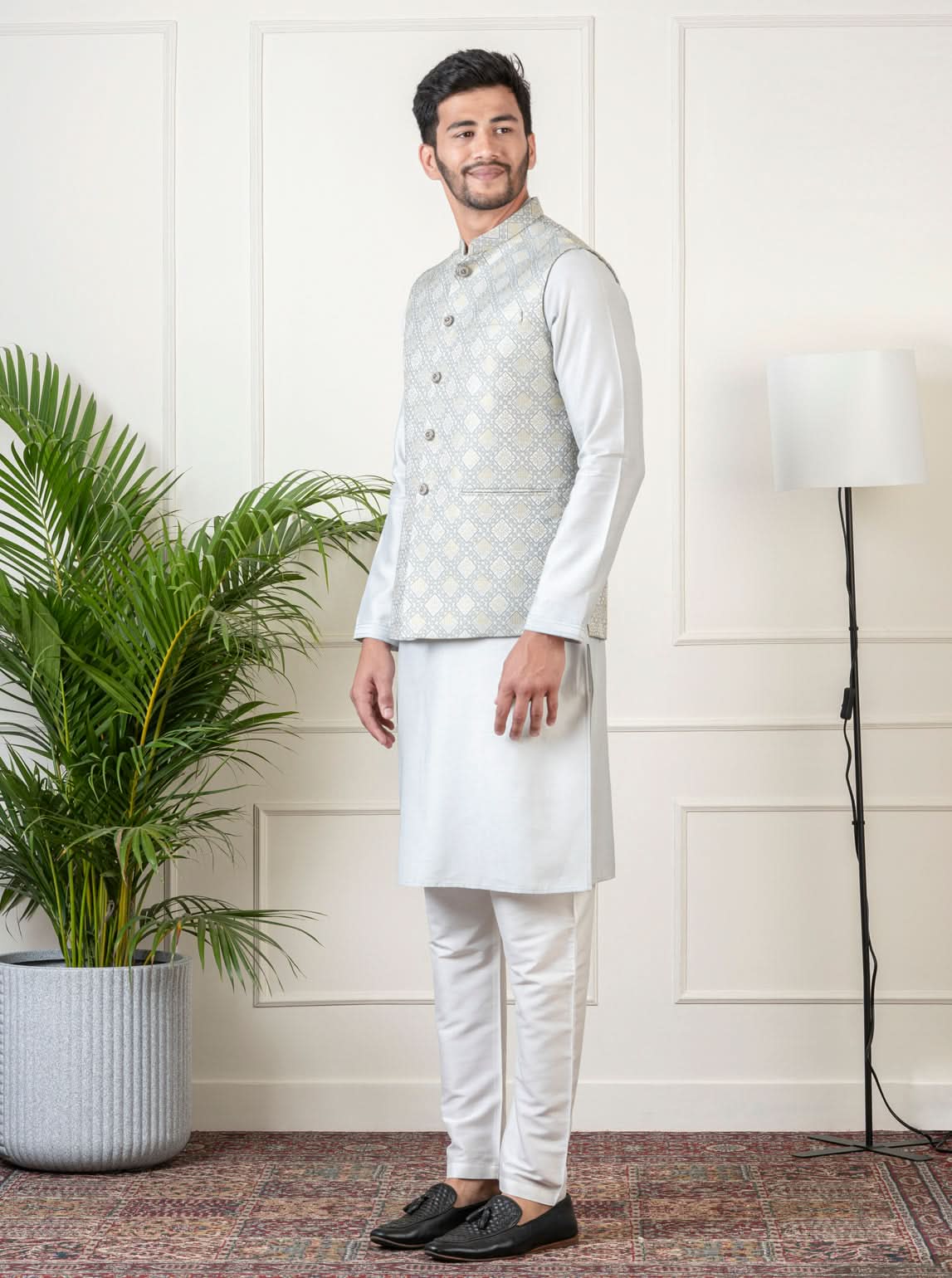 Ivory Grey Jacquard Jacket Kurta Set