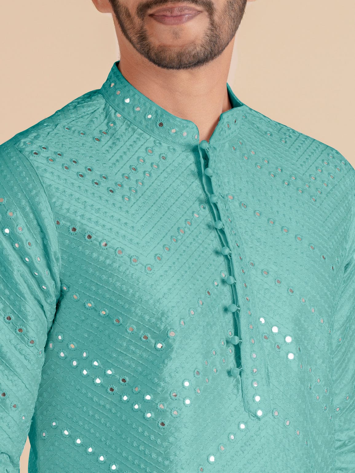 Light Blue Silk Mirror Embroidered Kurta Set
