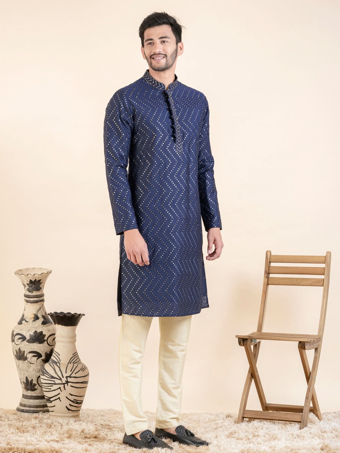 Navy Zigzag Embroidered Kurta Set
