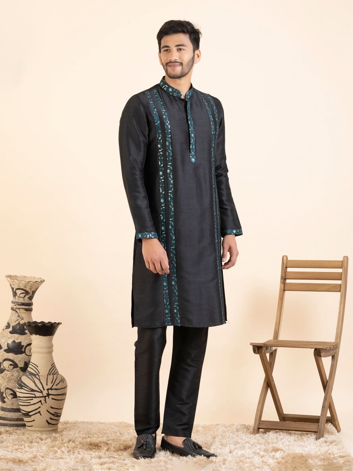 Green Embroidered Jacket Kurta Set