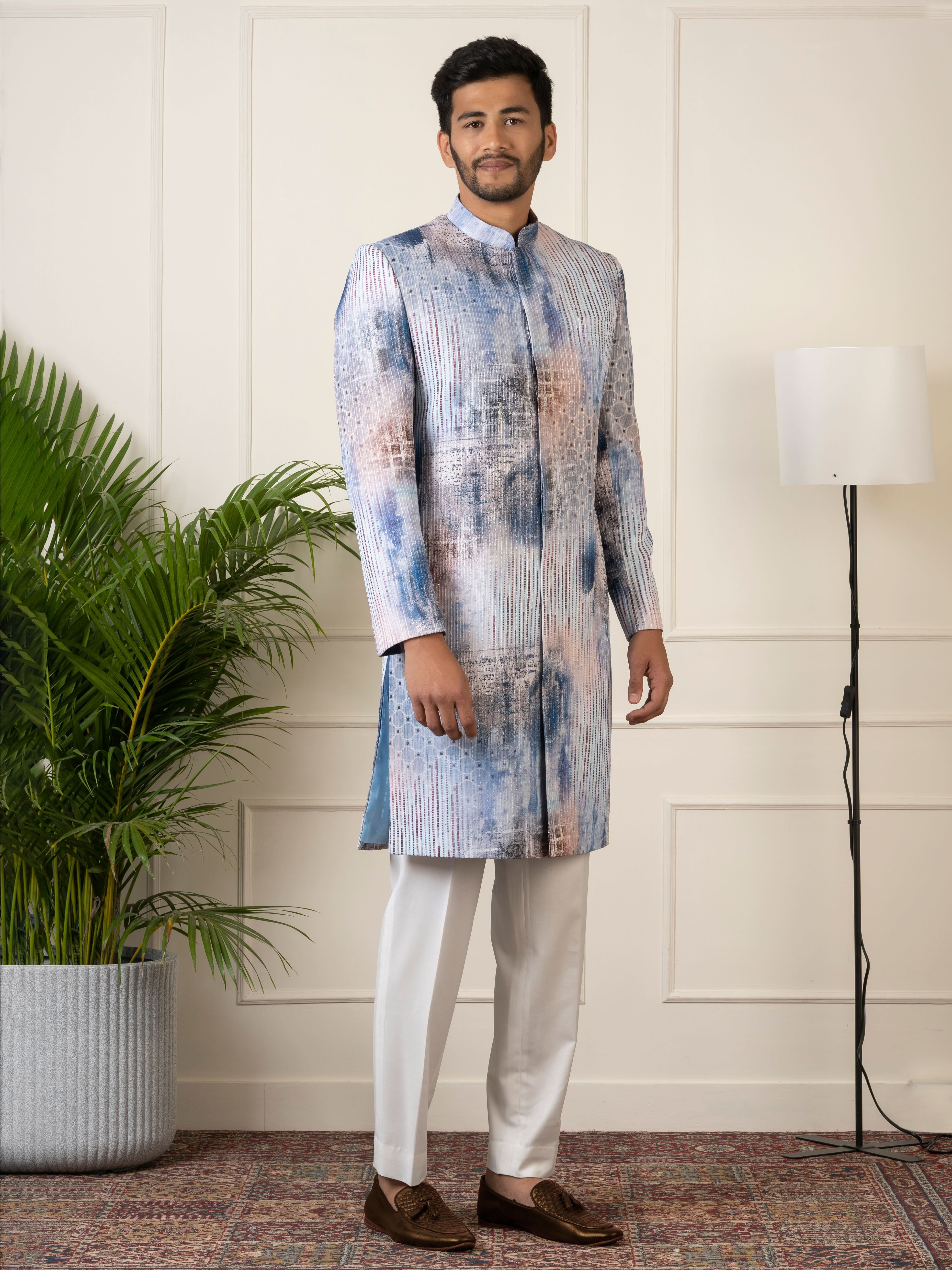 Blue Printed Seqin Embriodered Indowestern