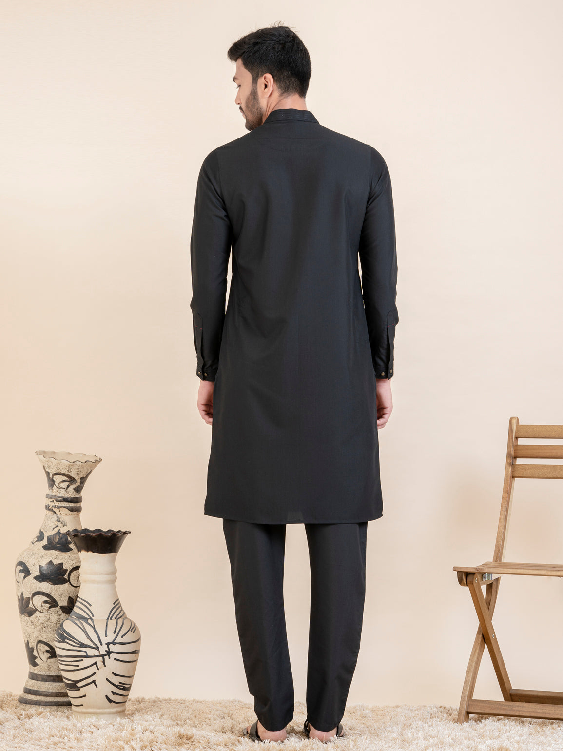 Black Cotton Pathani Kurta Set with Patch pocket