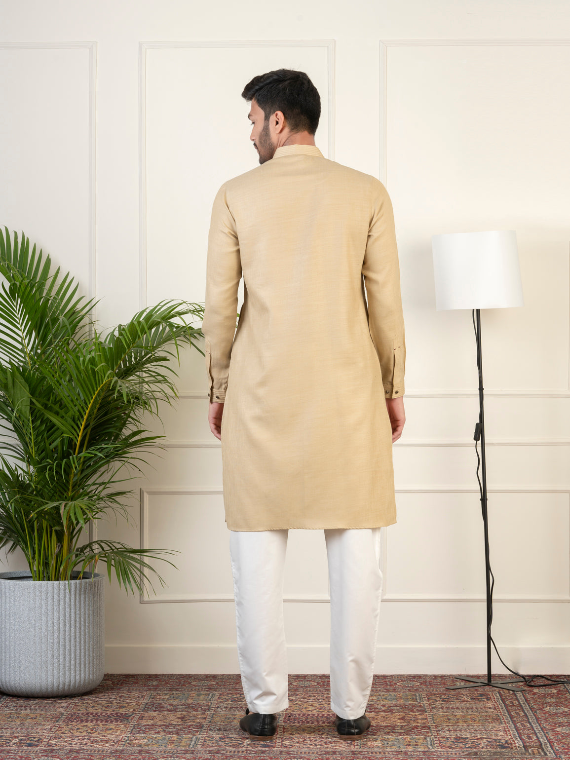 Beige Cotton Pathani Kurta Set with Patch pocket