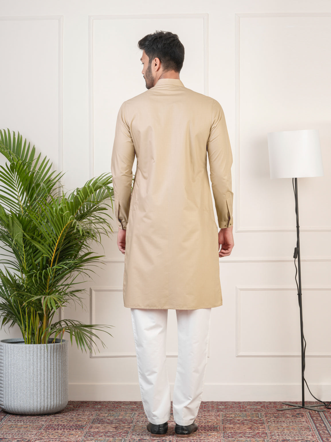 Beige Cotton Pathani Kurta Set with Patch pocket