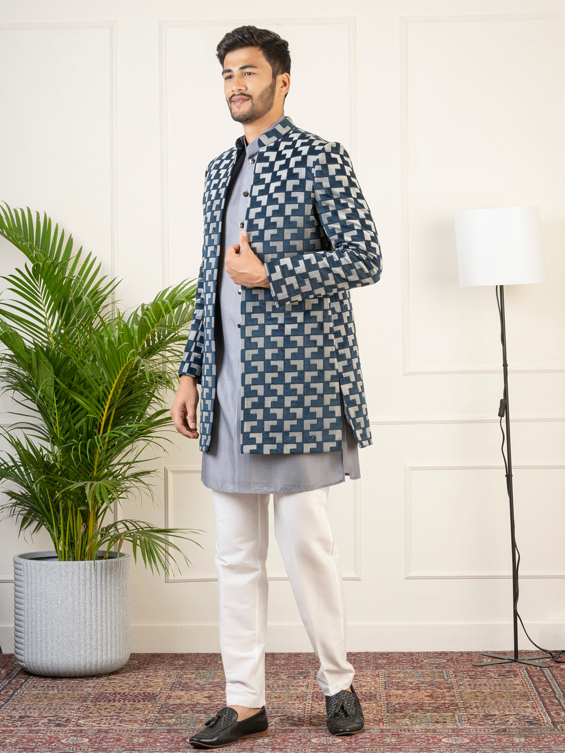 Grey Navy Velvet Indowestern