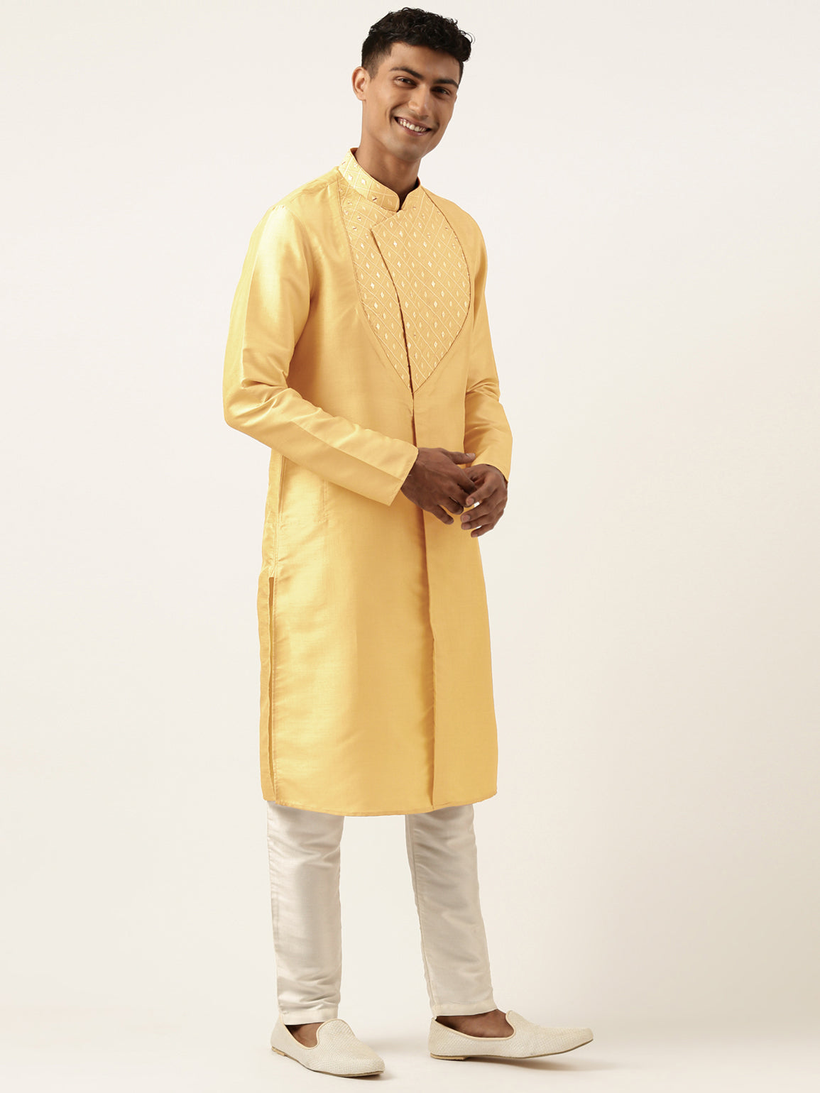 Yellow Embroidery Angrakha Kurta Set
