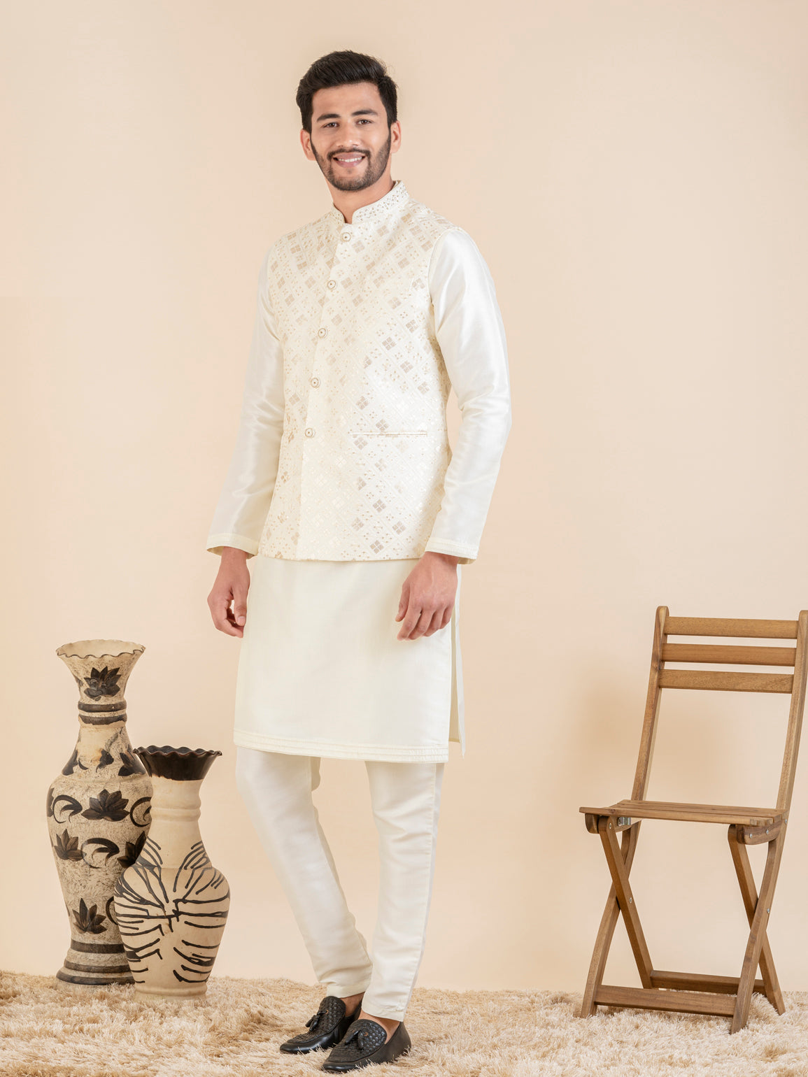 Cream Sequin Embroidered Jacket Kurta Set