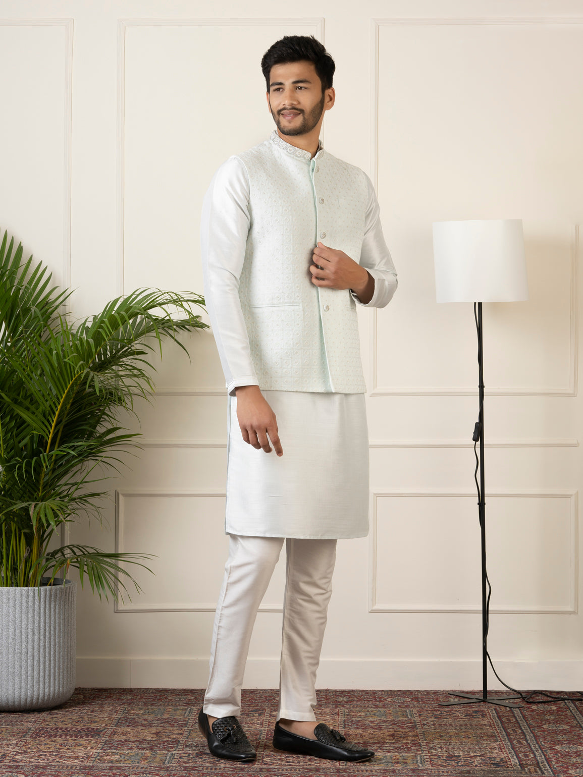 Sky Blue Embroidered Jacket Kurta Set
