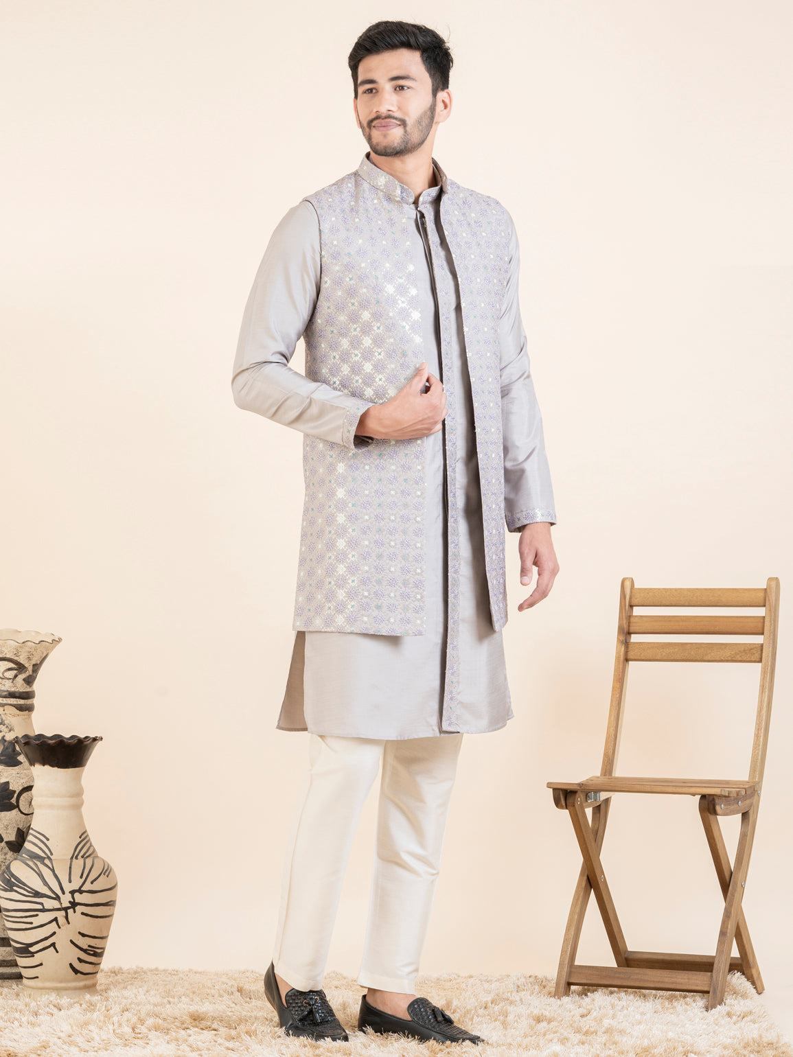 Lilac Embroidered Long Jacket Kurta Set