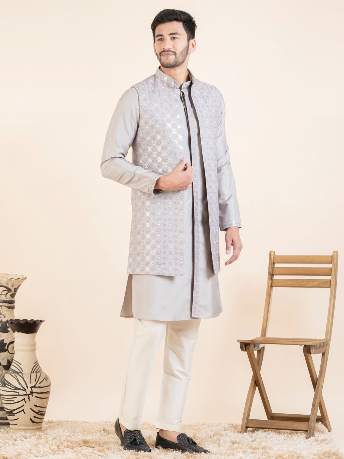 Lilac Embroidered Long Jacket Kurta Set