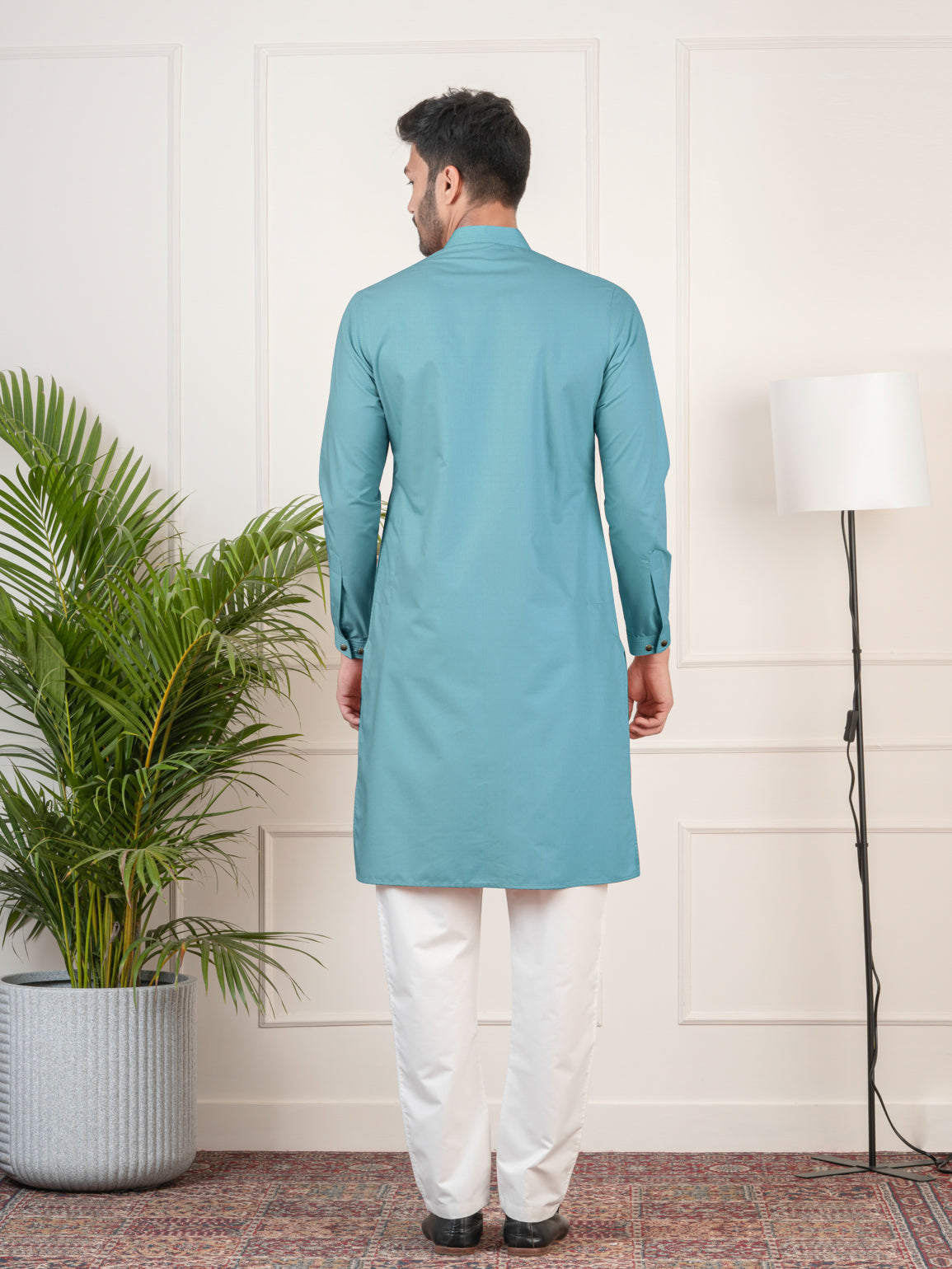 Teal Cotton Pathani Kurta Set with Patch pocket