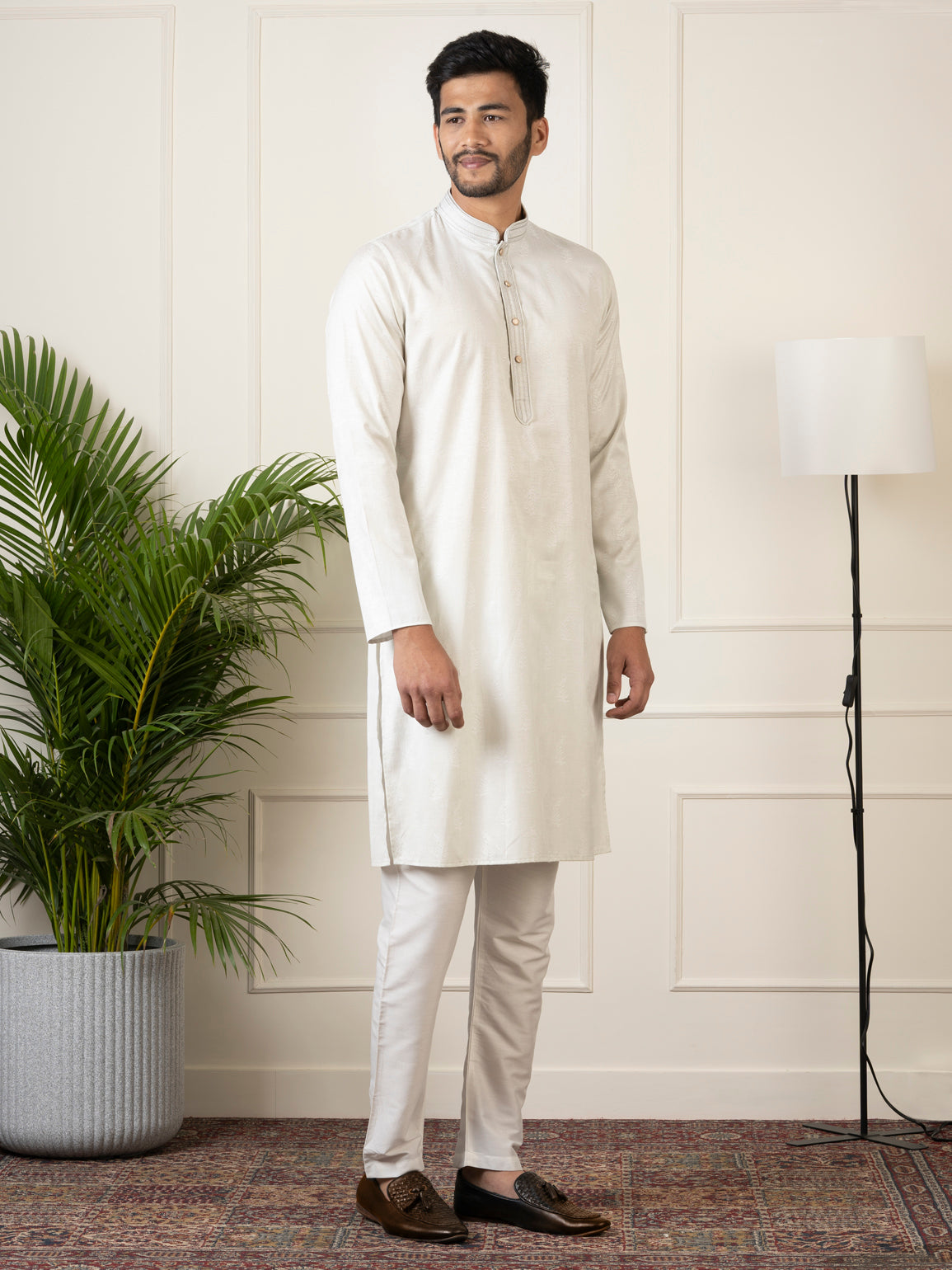 Off White Jacquard Embroidered Kurta Set