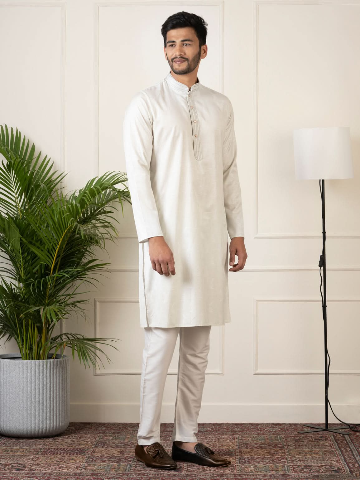 Off White Jacquard Embroidered Kurta Set