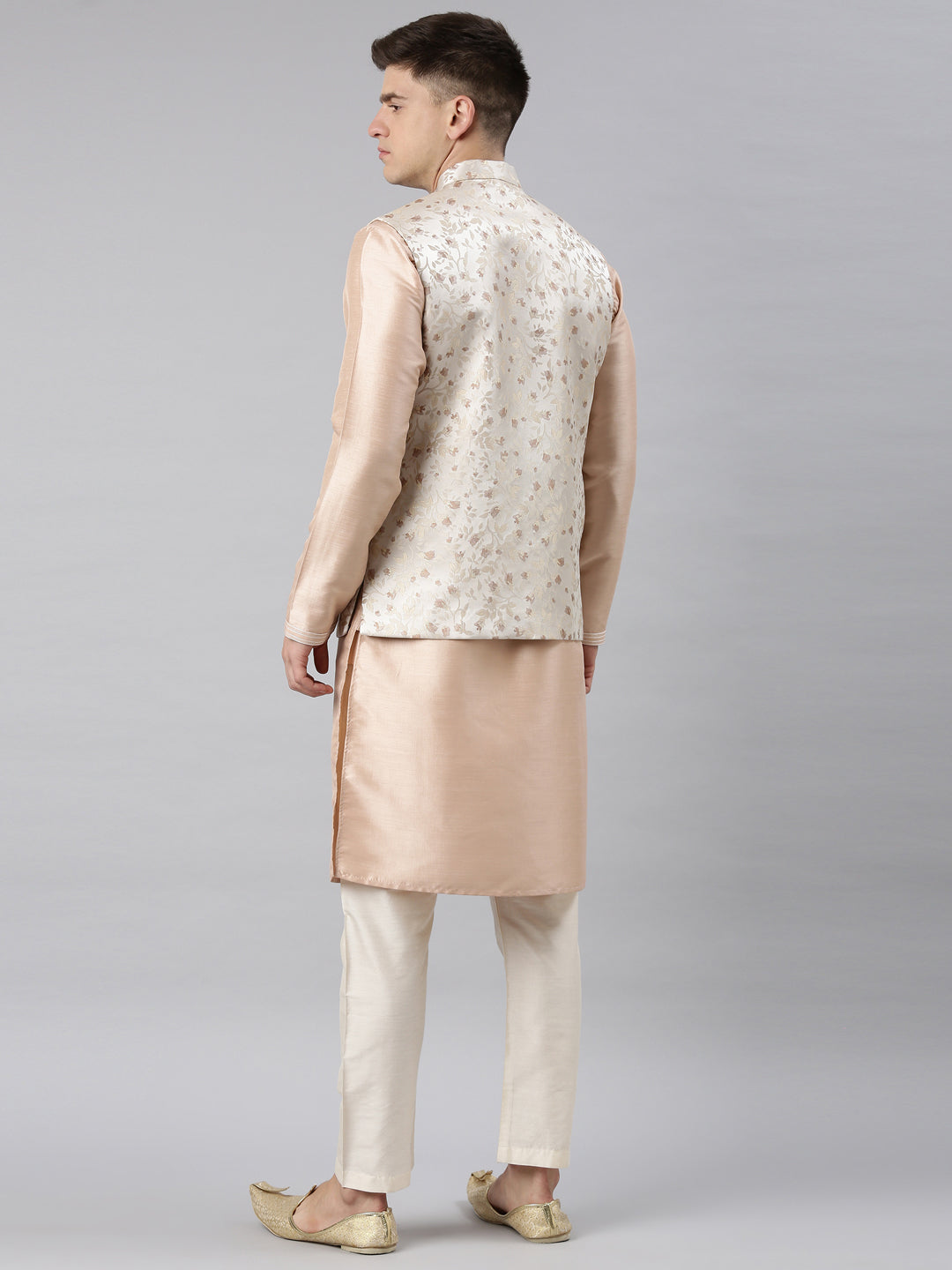 Peach Jacquard Angrakha Jacket With Peach Kurta