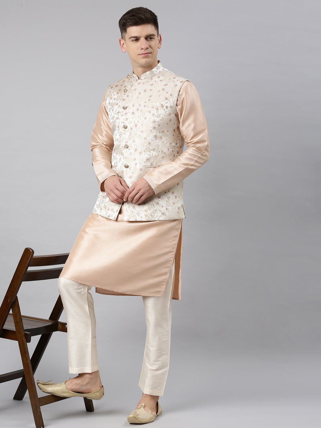 Peach Jacquard Angrakha Jacket With Peach Kurta