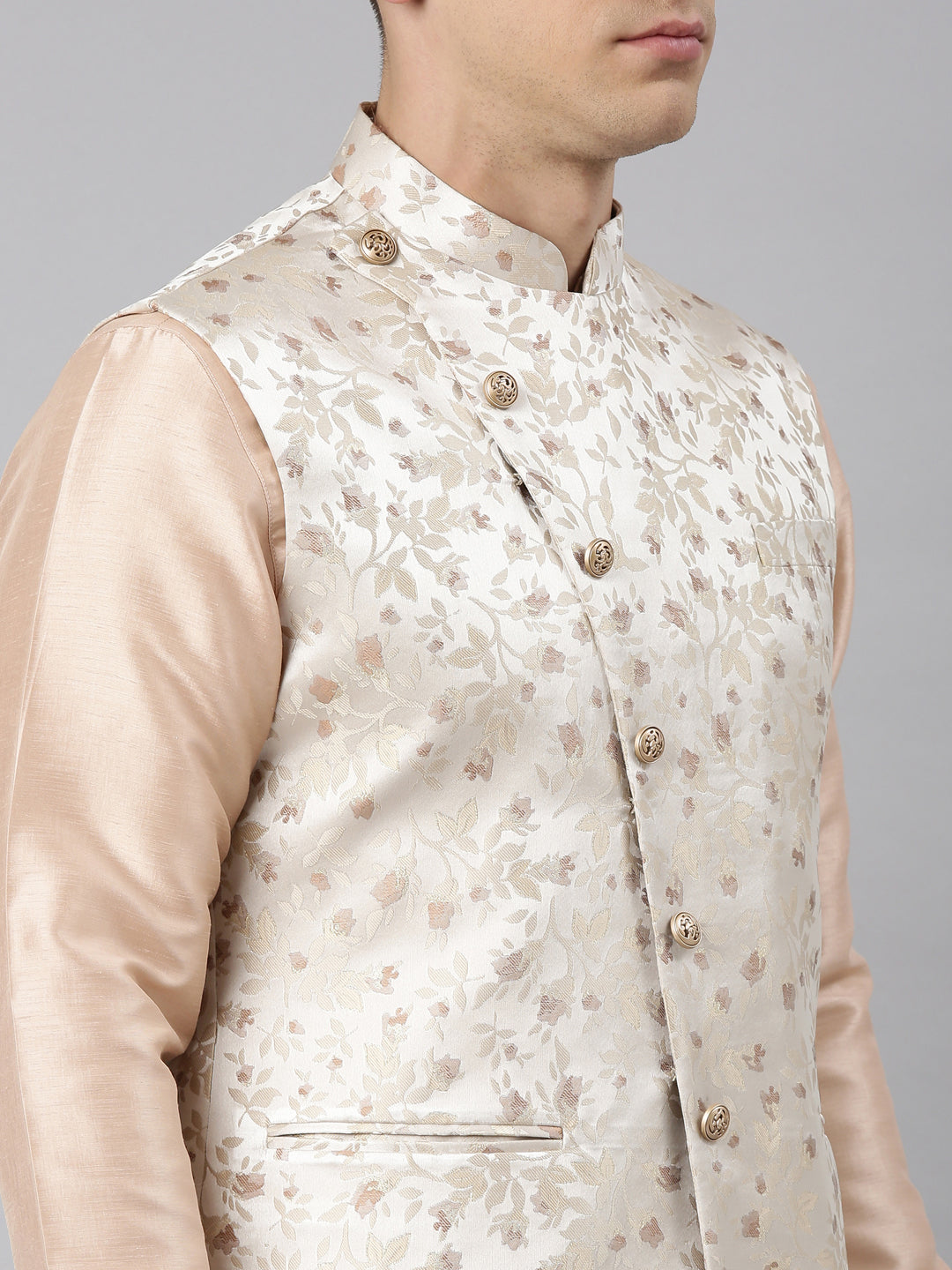 Peach Jacquard Angrakha Jacket With Peach Kurta