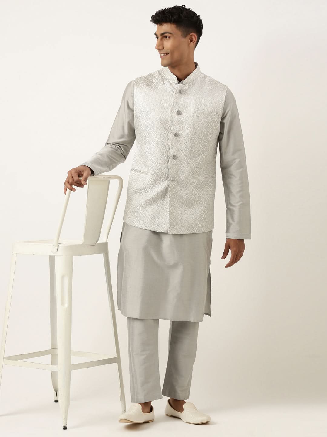 Steel Grey Jacquard Jacket With Grey kurta