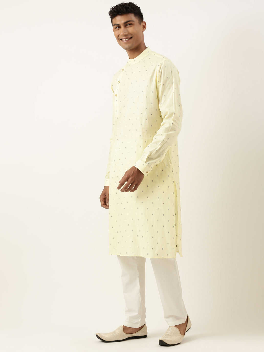 Cotton Pastel Yellow Booti Side Open Kurta Set