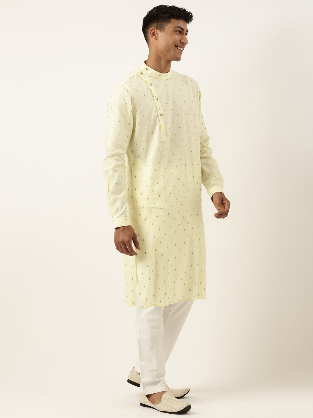 Cotton Pastel Yellow Booti Side Open Kurta Set