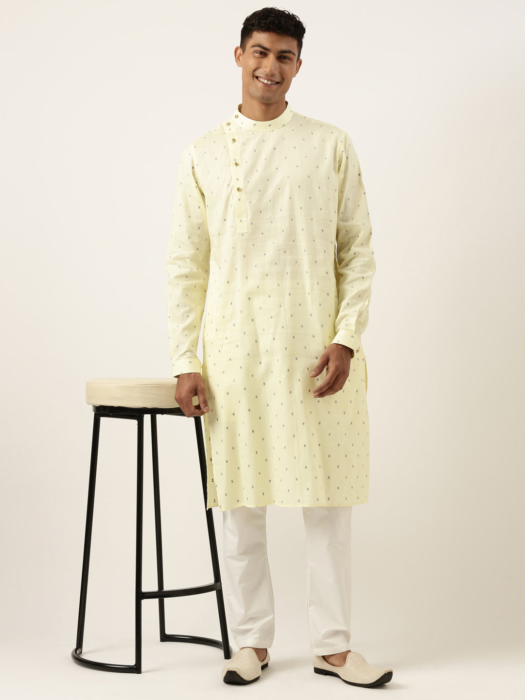 Cotton Pastel Yellow Booti Side Open Kurta Set