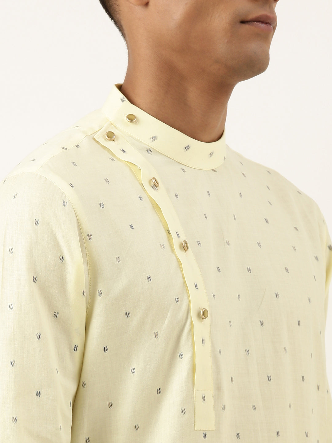 Cotton Pastel Yellow Booti Side Open Kurta Set