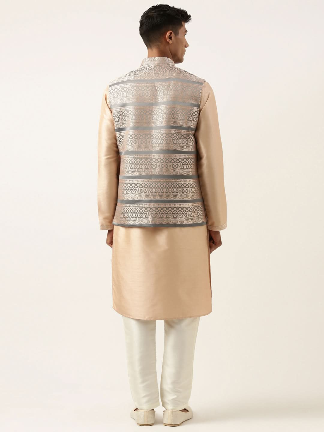 Grey Peach Jacquard Jacket With Peach Kurta