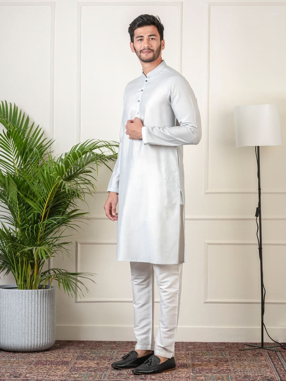 Ivory Grey Jacquard Jacket Kurta Set