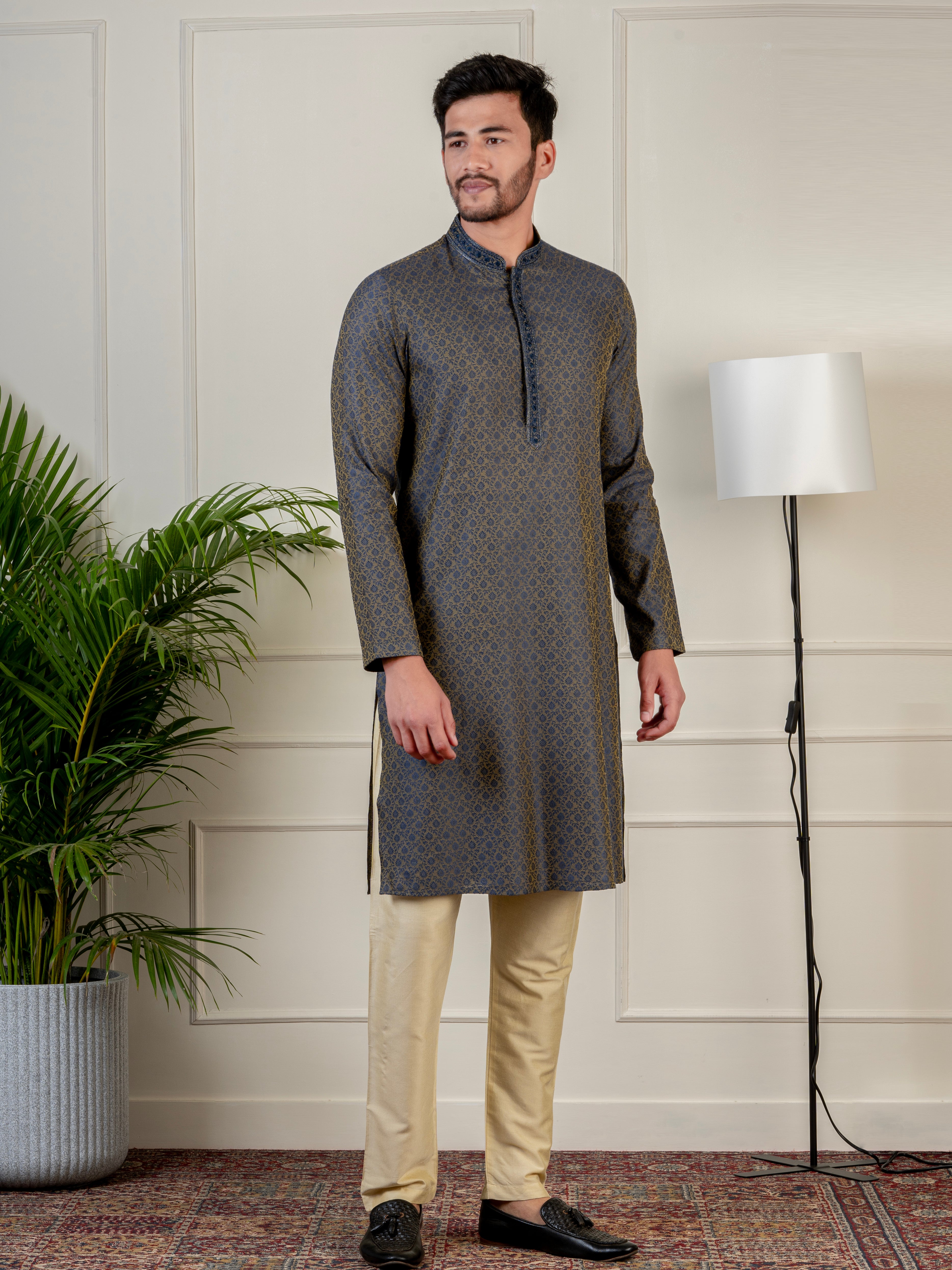 Navy Jacquard Embroidered Kurta Set