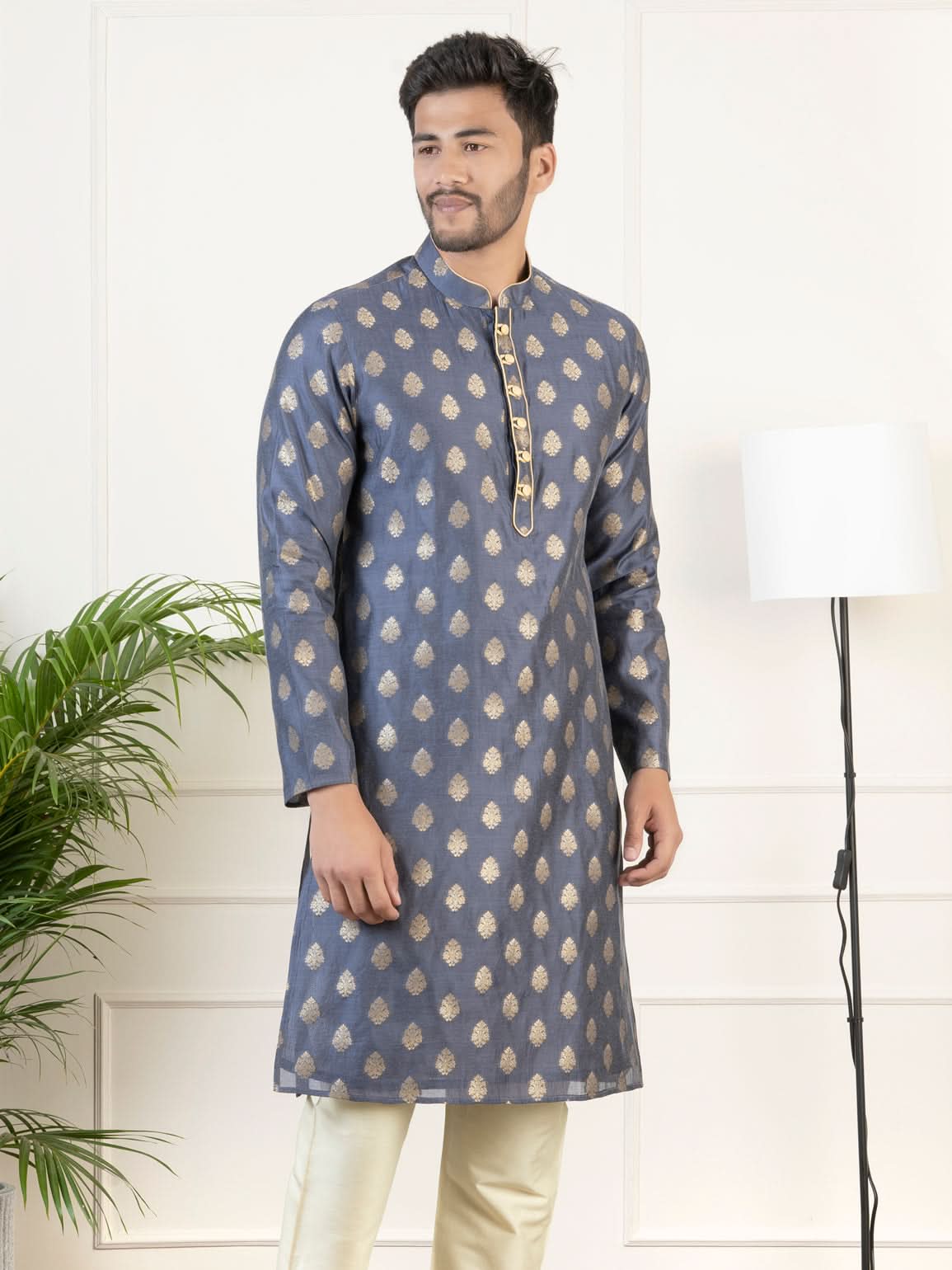 Navy Jacquard Golden Booti Chanderi Silk Kurta Set