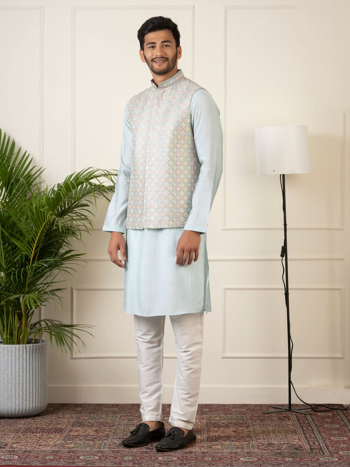 Grey Embroidered Jacket Kurta Set