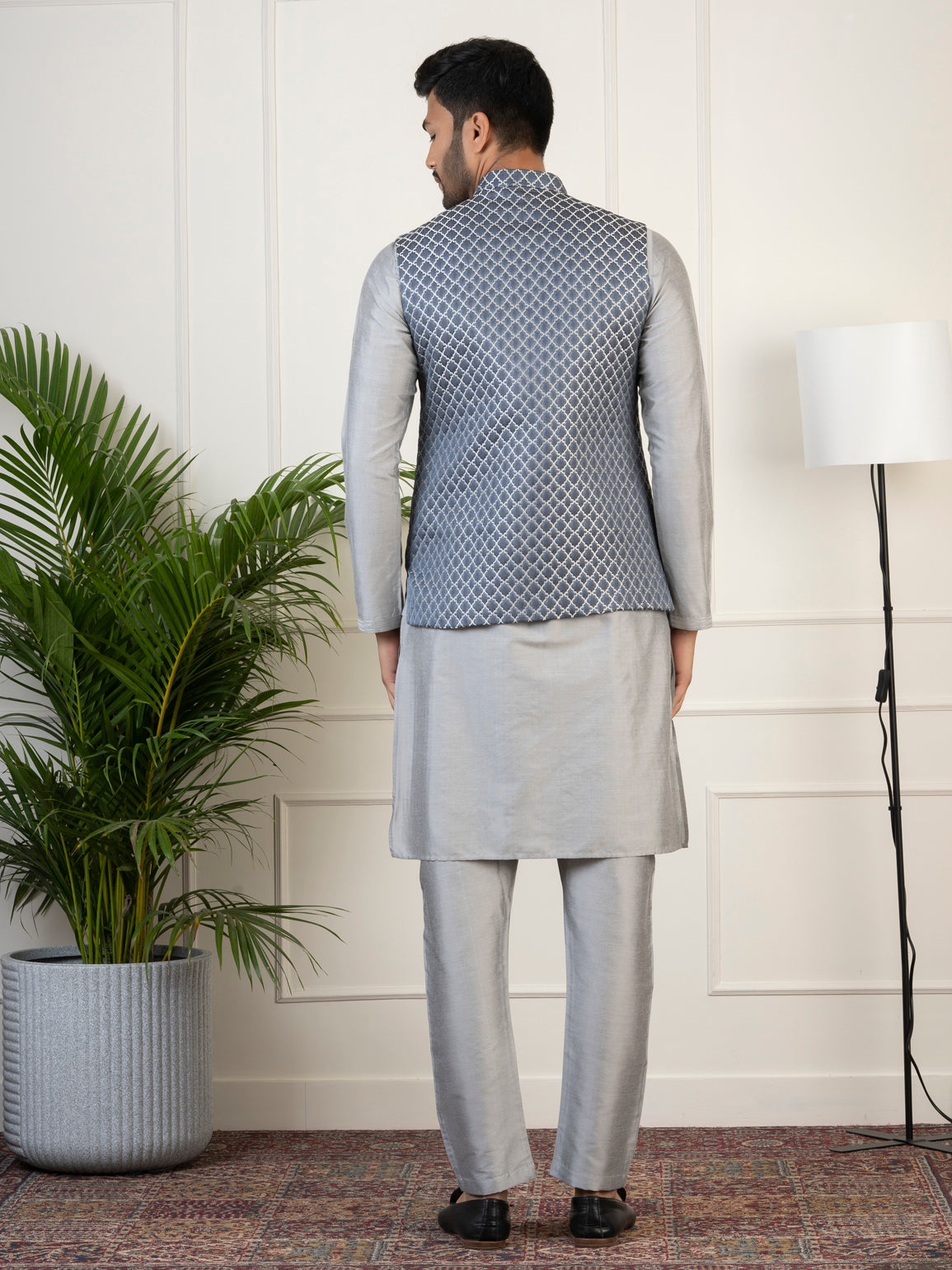 Bluish-Grey Jacquard Jacket With Grey Kurta
