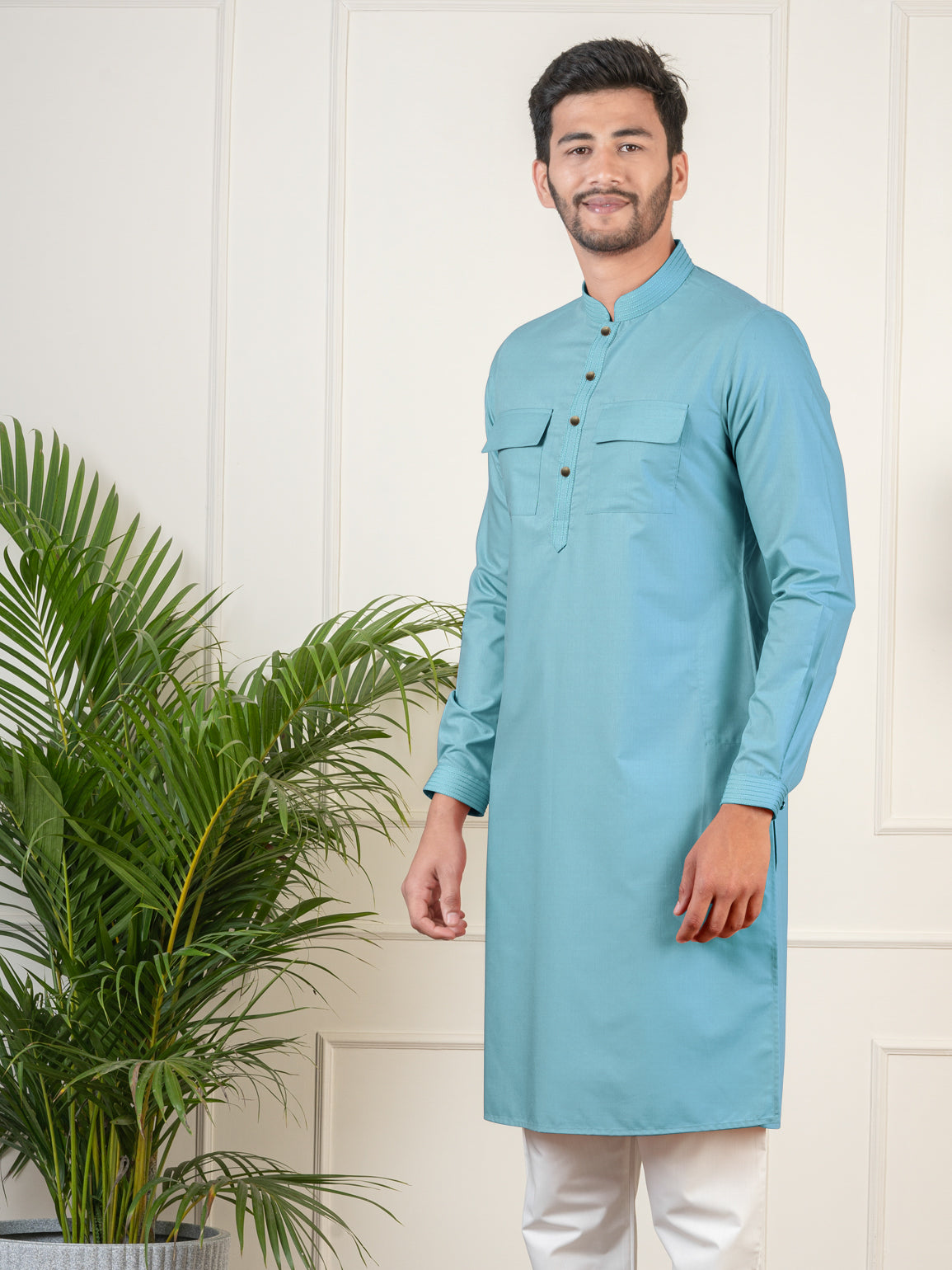 Teal Cotton Pathani Kurta Set with Patch pocket