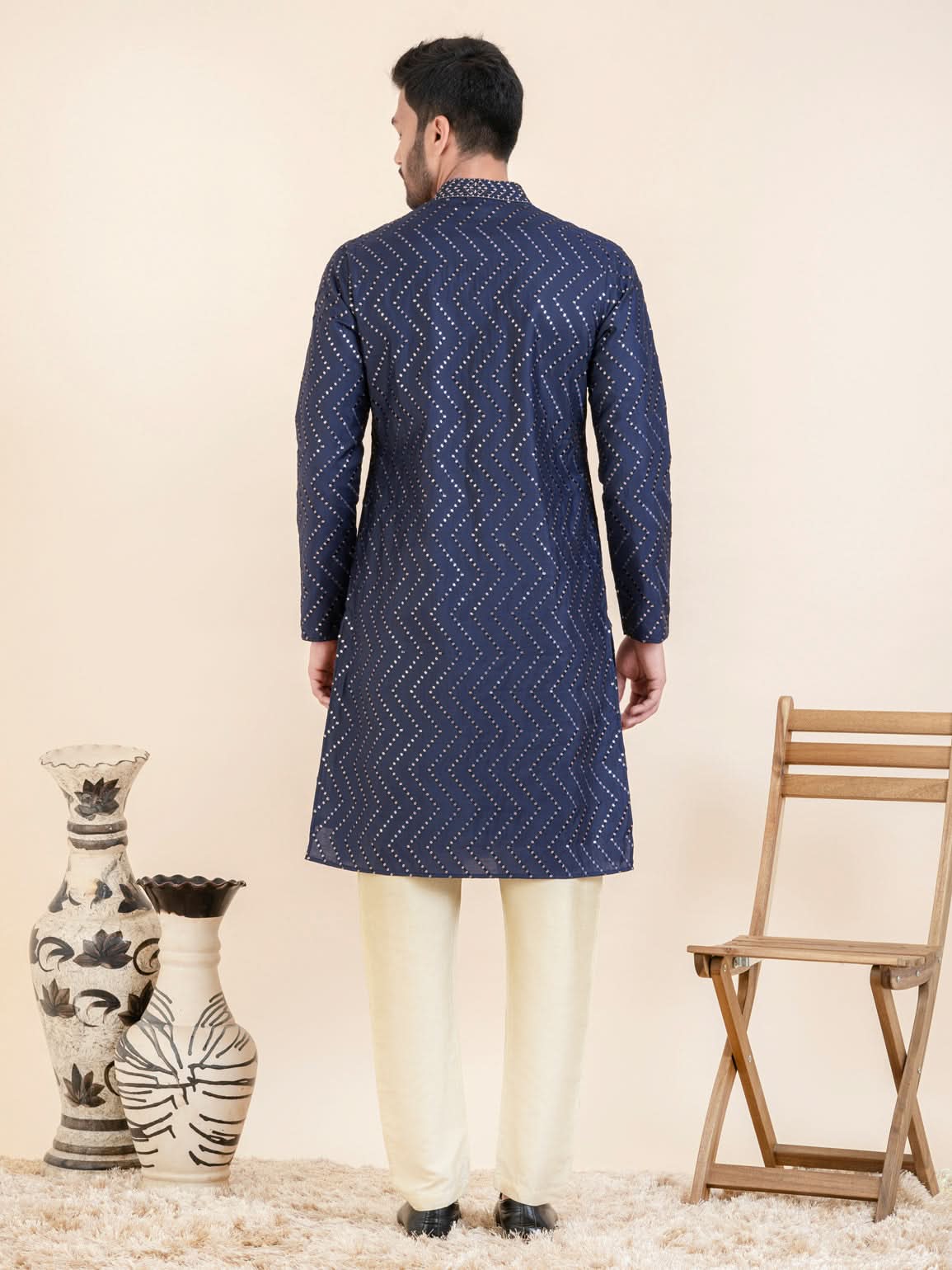 Navy Zigzag Embroidered Kurta Set