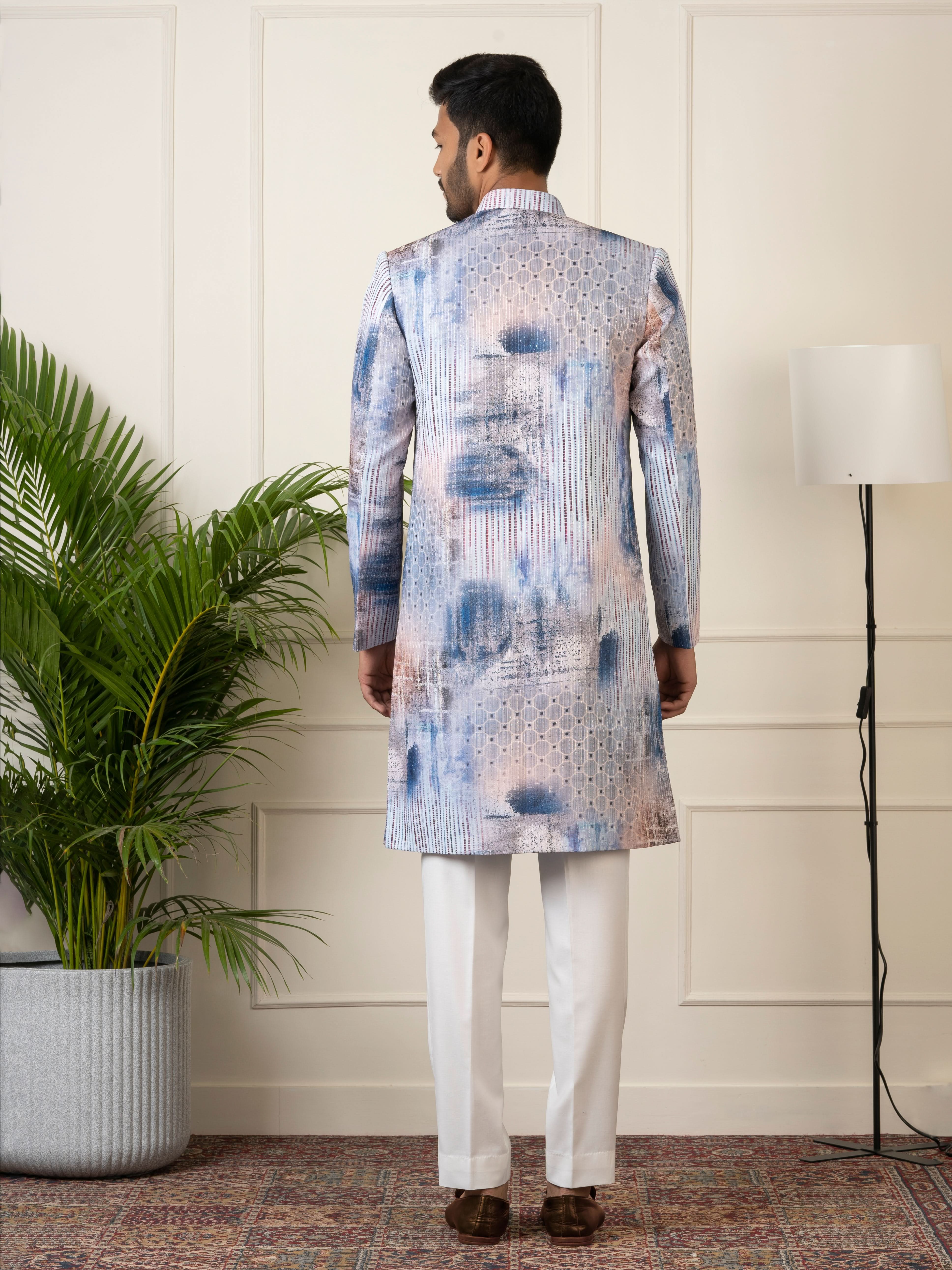 Blue Printed Seqin Embriodered Indowestern