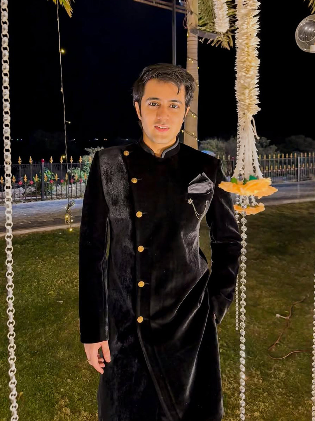 Rishabh Chawla in Black velvet Asymmetric Indowestern
