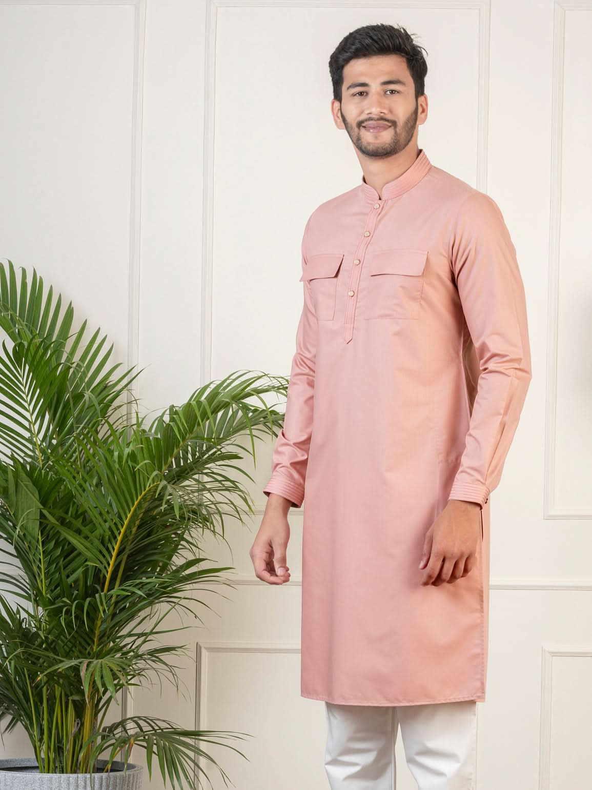 Dark Pink Cotton Pathani Kurta Set with Patch pocket