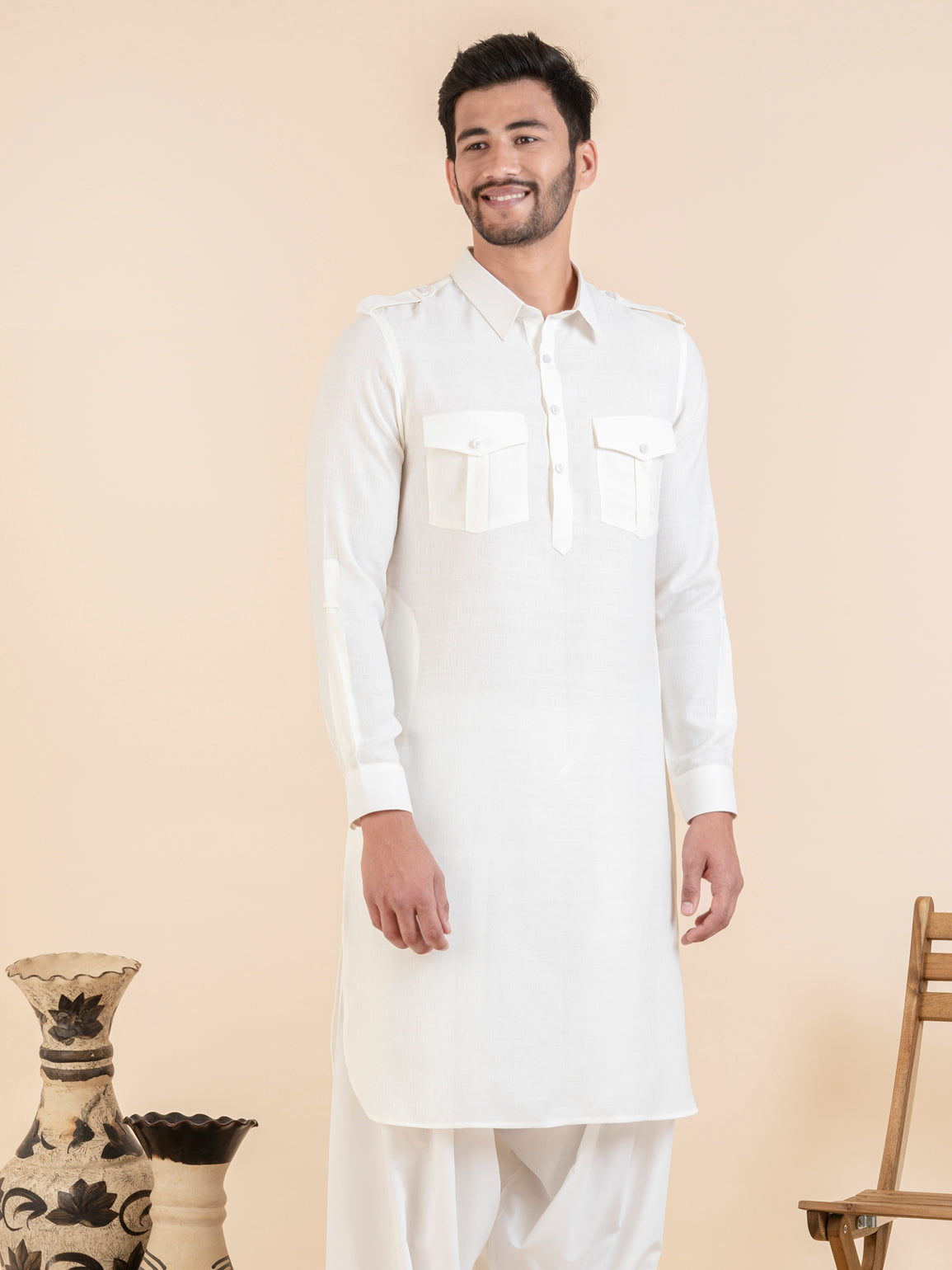 Cream cotton Pathani with Salwar