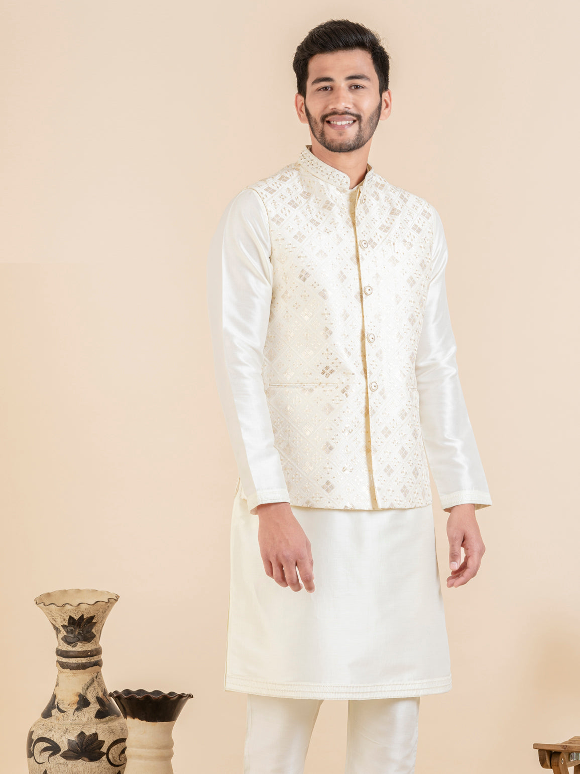 Cream Sequin Embroidered Jacket Kurta Set